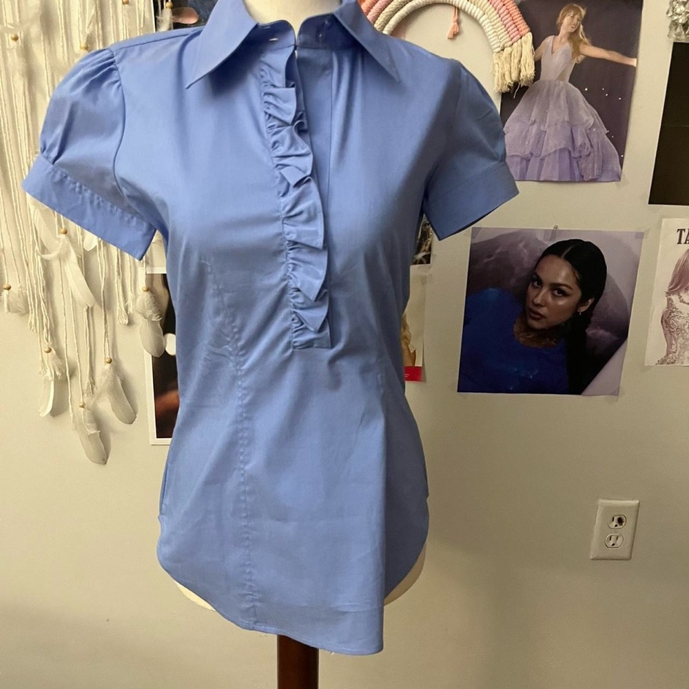 New York & Company Light Blue Ruffle Blouse